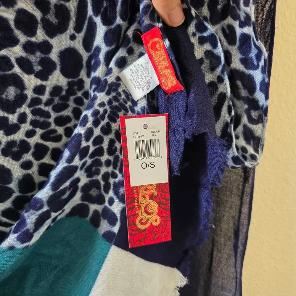 Carlos by Carlos Santana Teal Blue Leopard Snake Print Oblong Scarf Wrap NEW